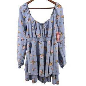 Inspired Hearts Blue Floral Long Sleeve Romper Dress Smocked Tie Women's Size L‎